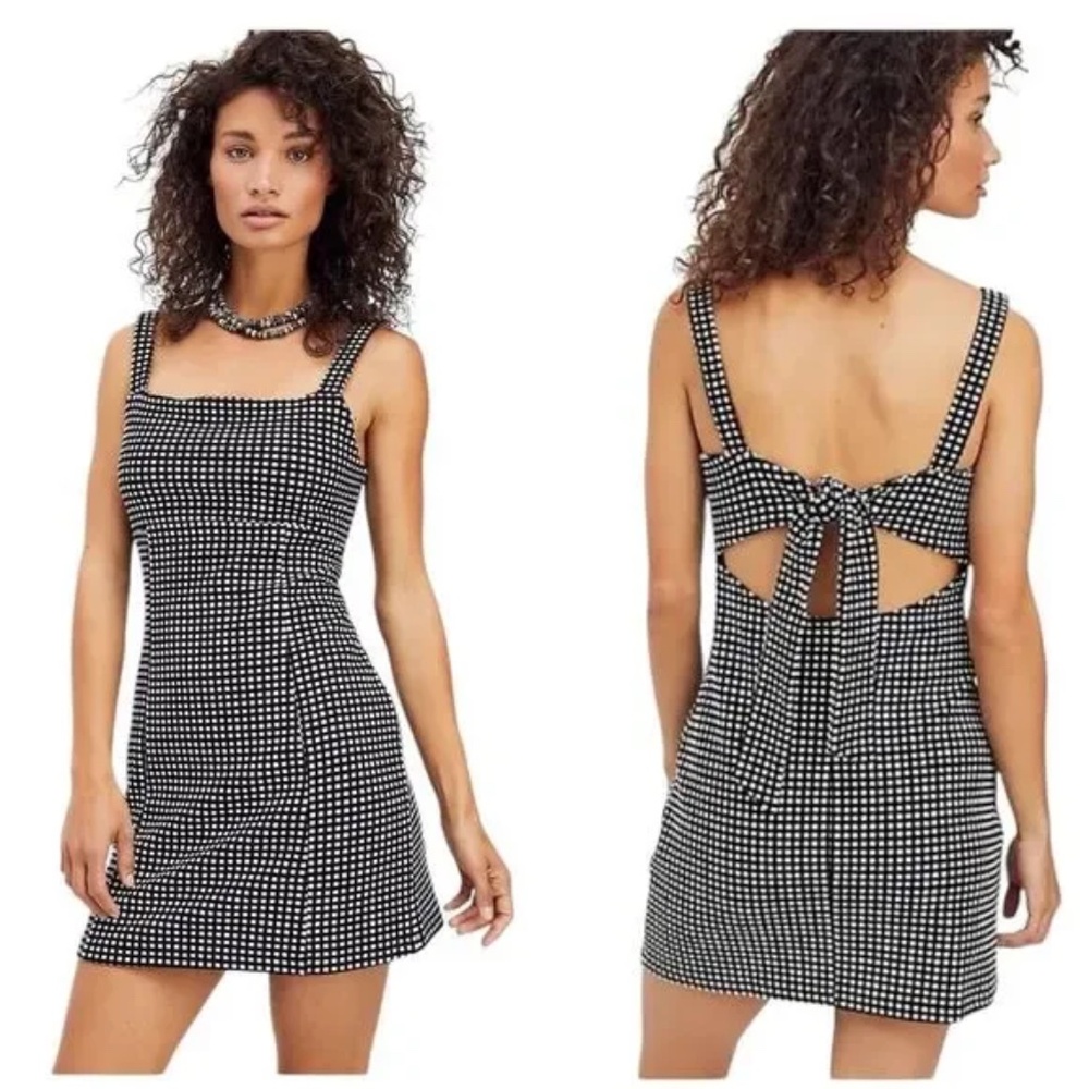 Free People Bardot Mini Dress Black Gingham Tie-Back Sleeveless Square Neck Larg